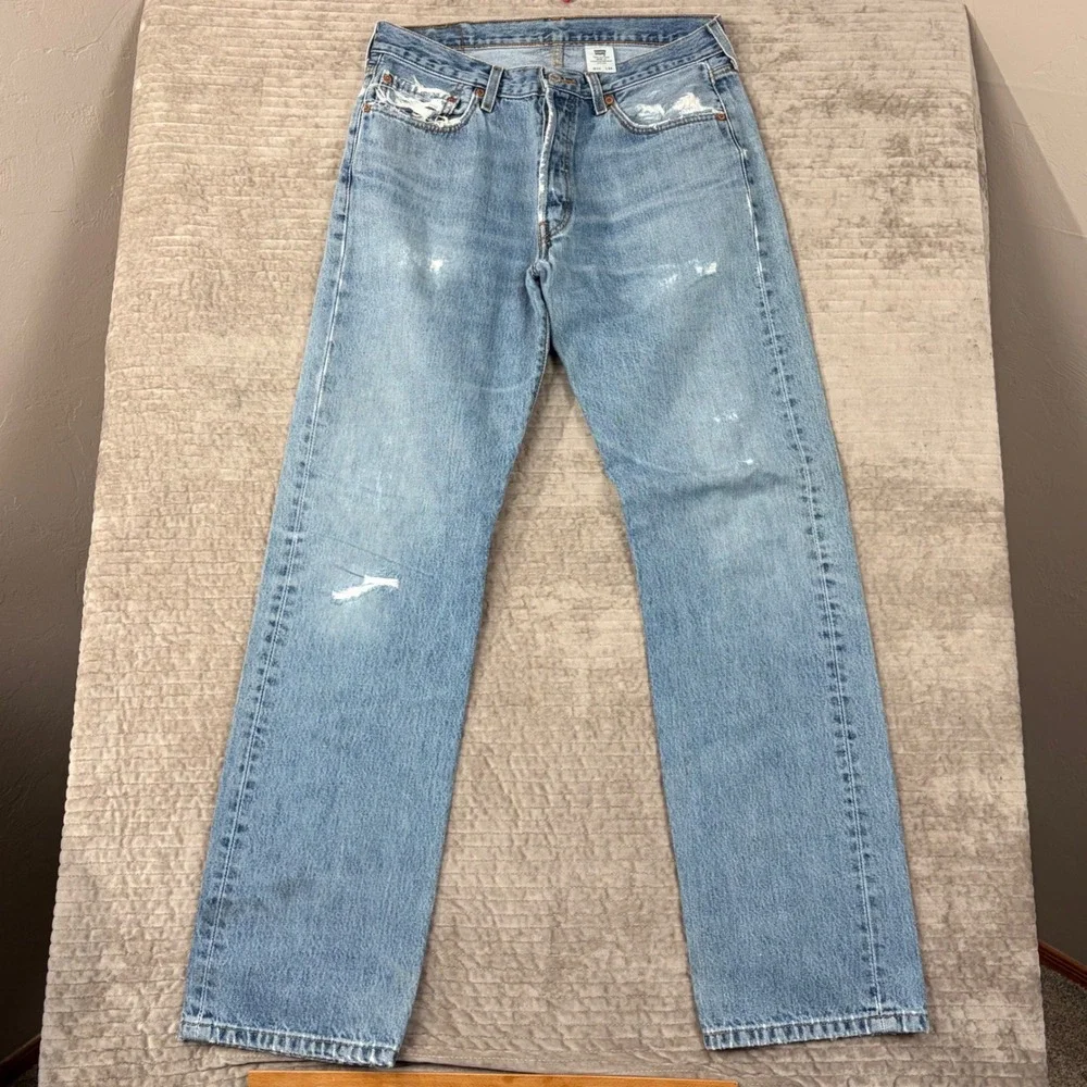 Levis 501 Mens Straight Leg Jeans 34x34‎ Light Wash Distressed Button Fly 0193